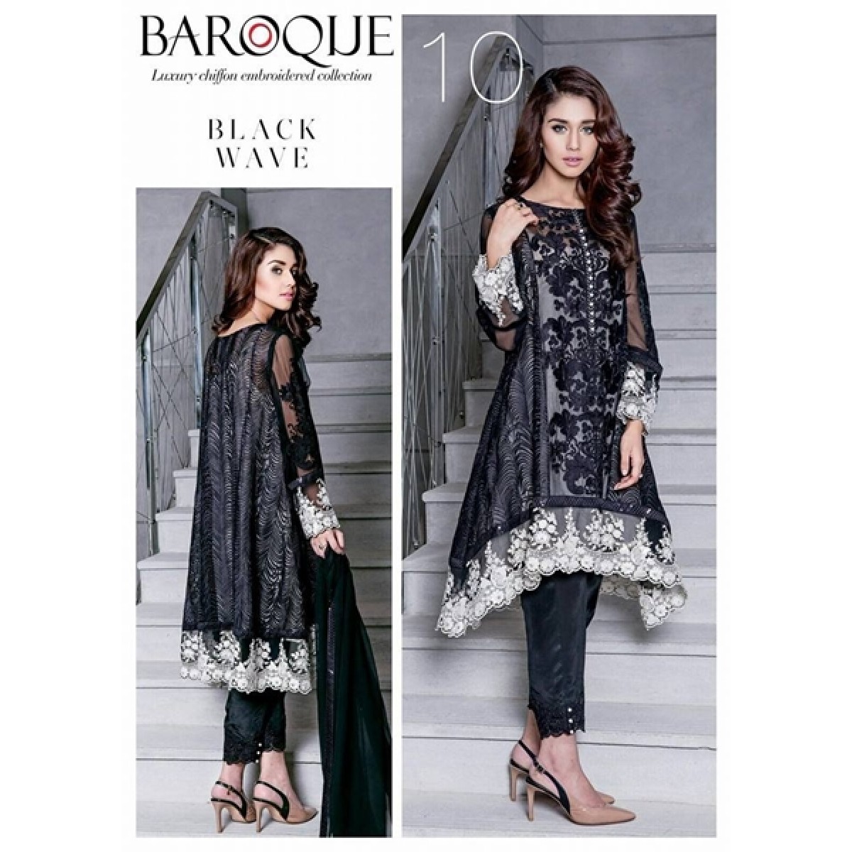 Baroque Black Wave Luxury Chiffon Winter Dress 10